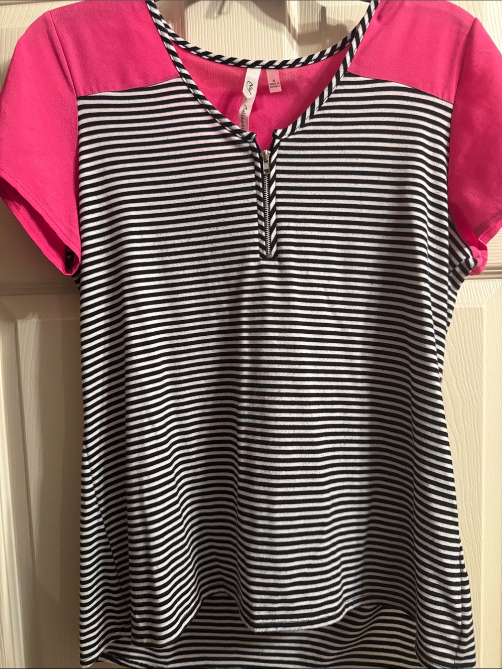NY Collection Pink and Black Striped Short Sleeve Tee